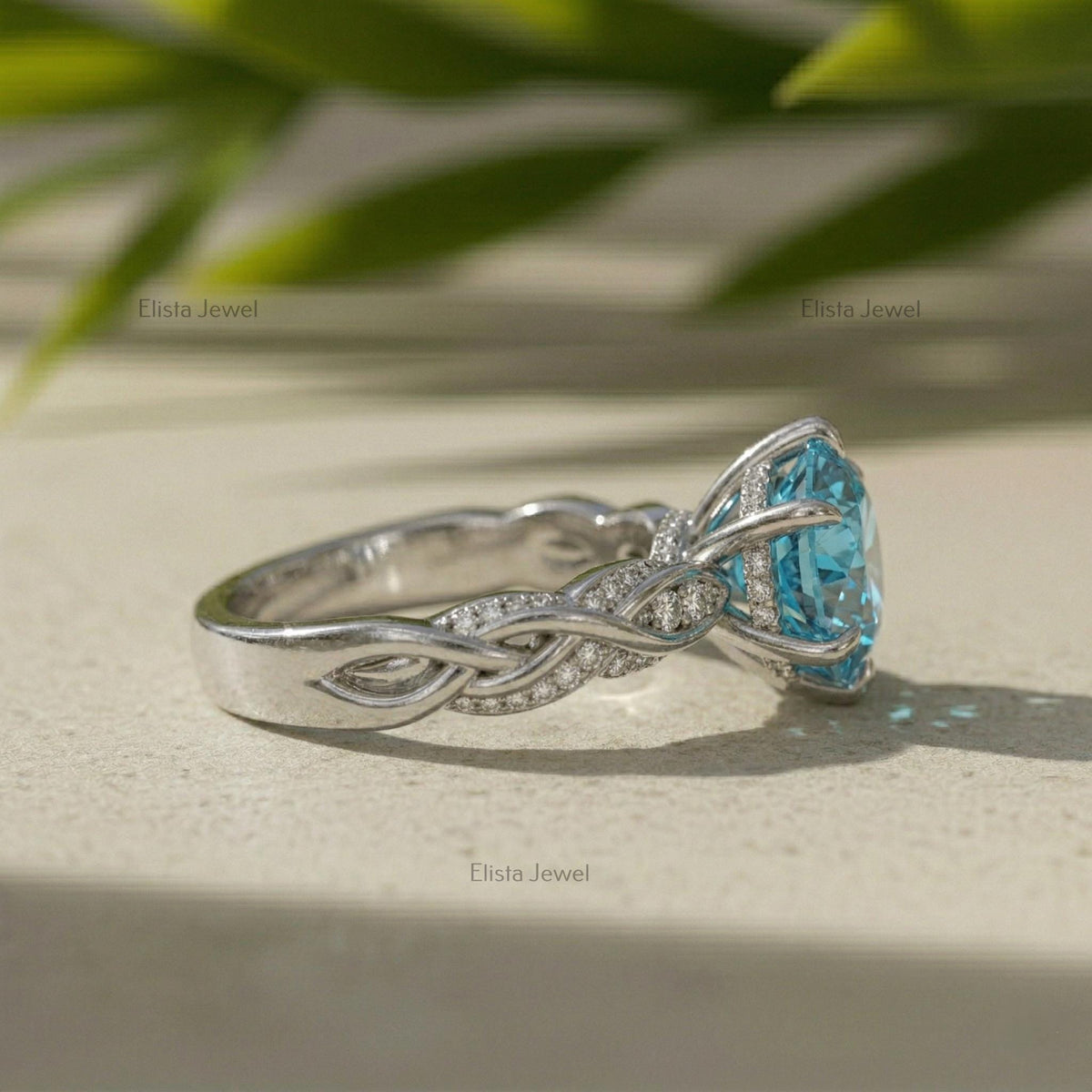 IGI Certified Fancy Blue Round Diamond Engagement Ring, Twisted Pave Band, 14K White Gold