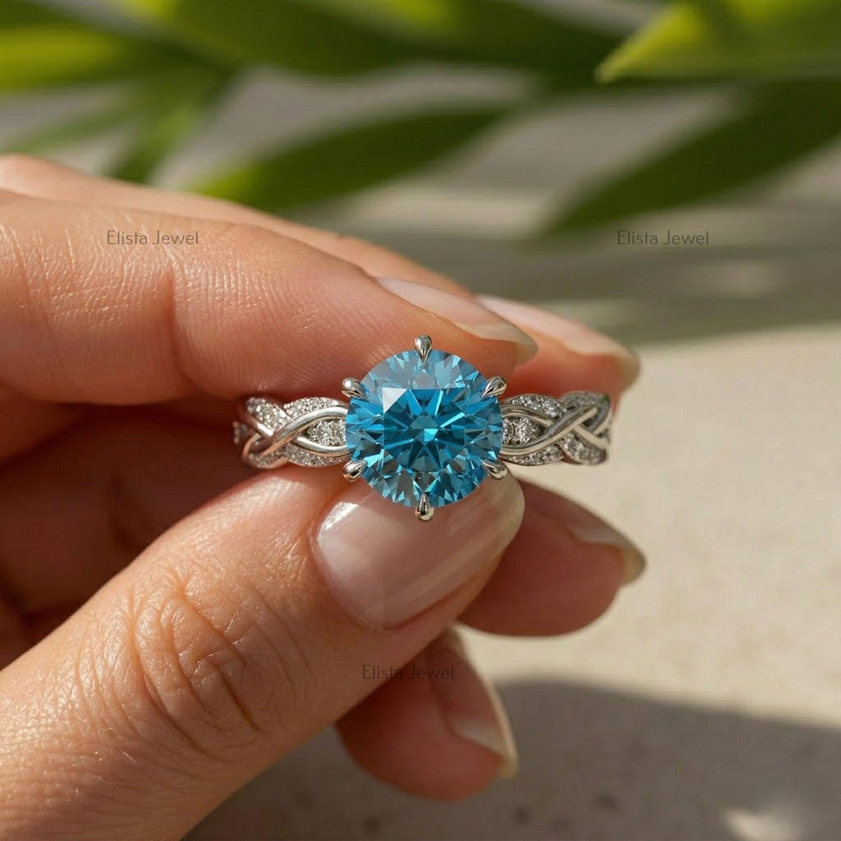 IGI Certified Fancy Blue Round Diamond Engagement Ring, Twisted Pave Band, 14K White Gold
