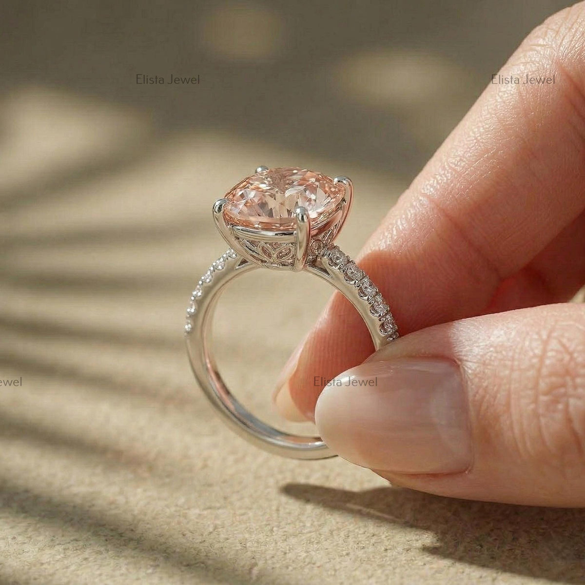 IGI Certified Fancy Peachy-Pink Round Lab Diamond Engagement Ring, Pave Band, 14K White Gold