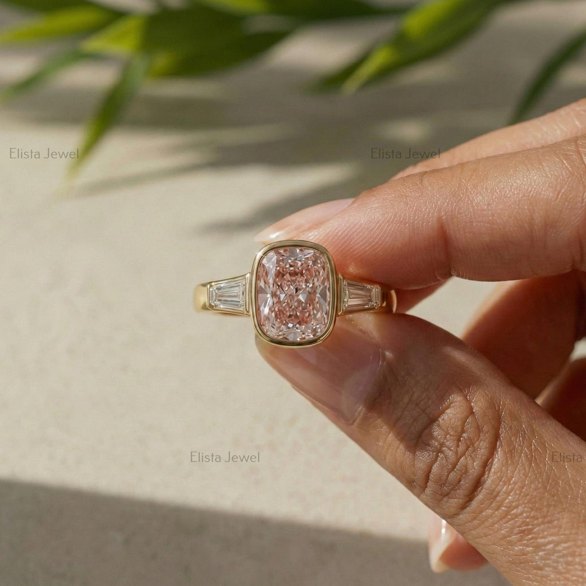 Cushion Lab Grown Pink Diamond Engagement Ring, 14K Yellow Gold Baguette Ring
