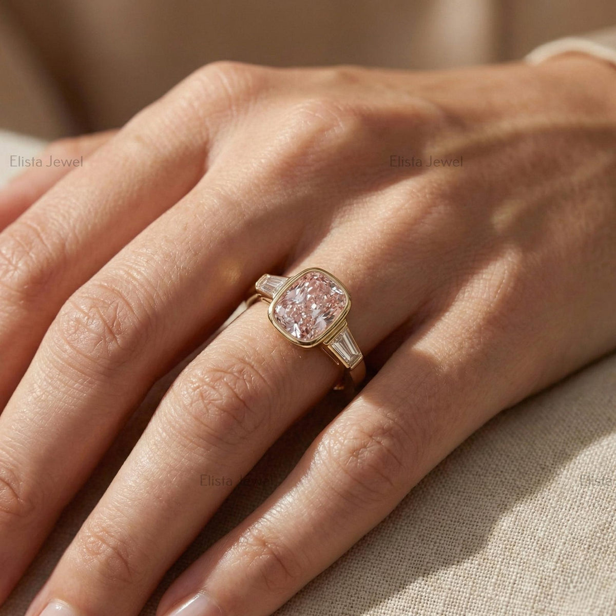 Cushion Lab Grown Pink Diamond Engagement Ring, 14K Yellow Gold Baguette Ring