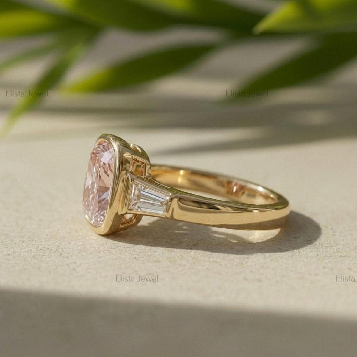 Cushion Lab Grown Pink Diamond Engagement Ring, 14K Yellow Gold Baguette Ring