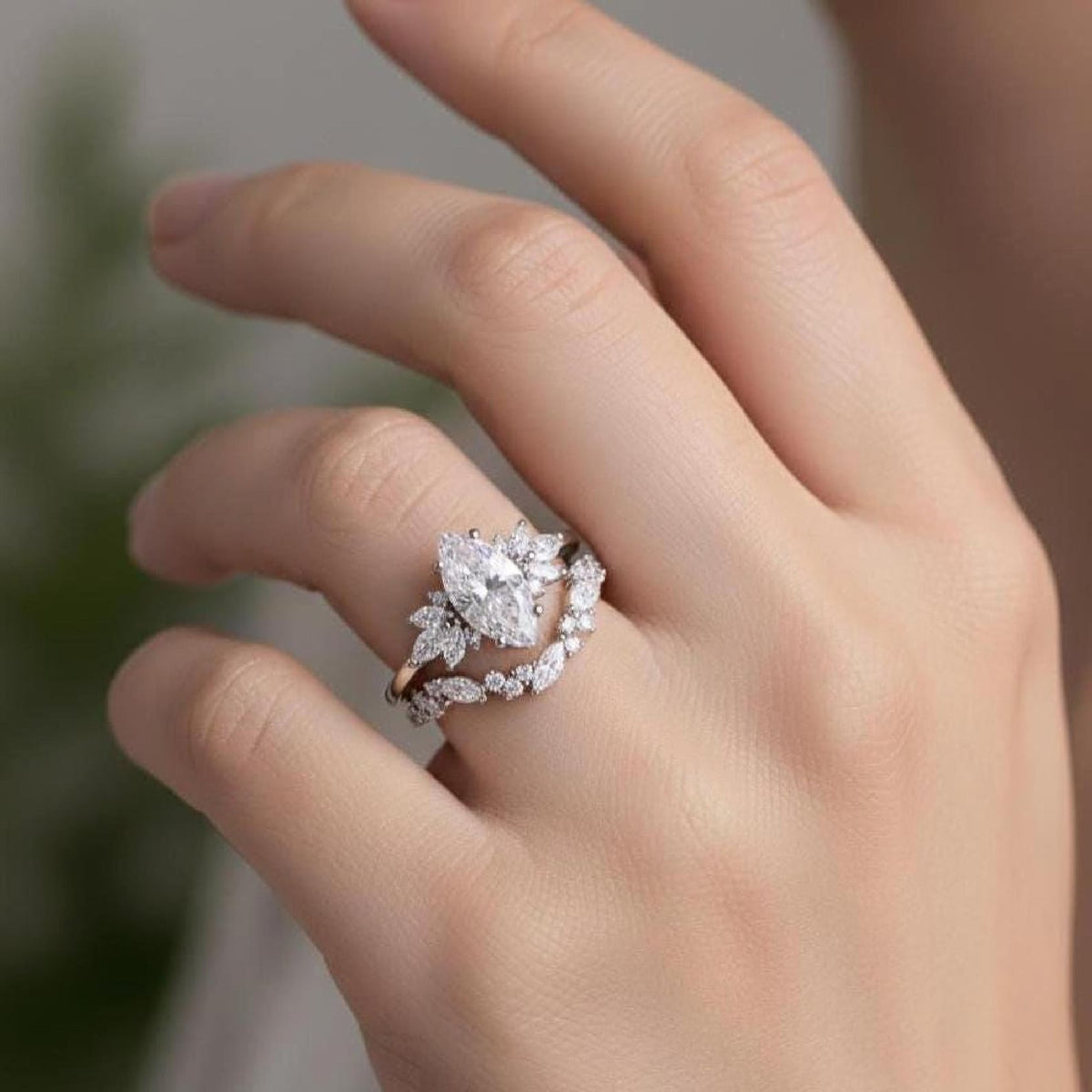 Bridal Set Marquise Lab-Grown Diamond Engagement Ring 14K White Gold Cluster Band