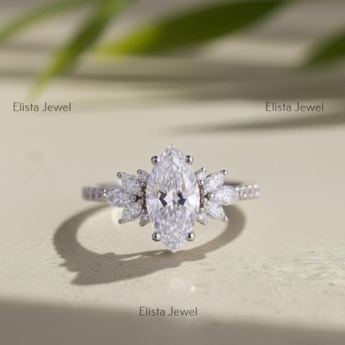 Bridal Set Marquise Lab-Grown Diamond Engagement Ring 14K White Gold Cluster Band