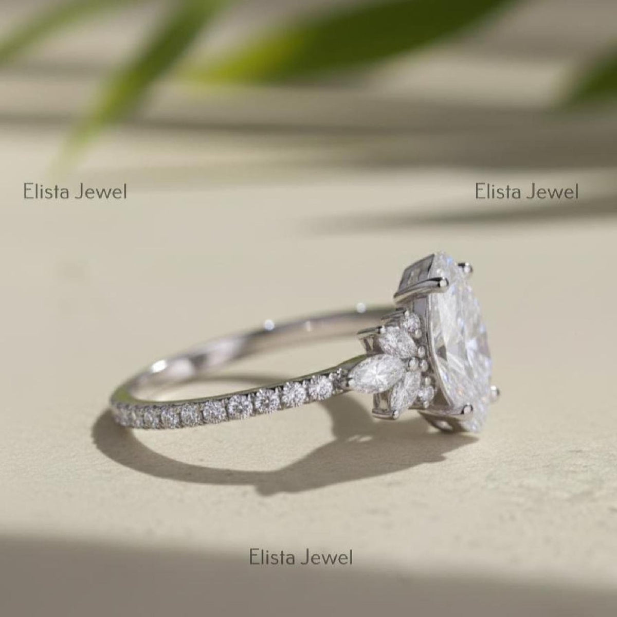 Bridal Set Marquise Lab-Grown Diamond Engagement Ring 14K White Gold Cluster Band