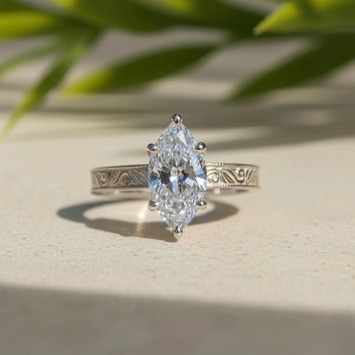 Marquise Lab-Grown Diamond Solitaire Engagement Ring, 14K White Gold Vintage Engraved Six Prong