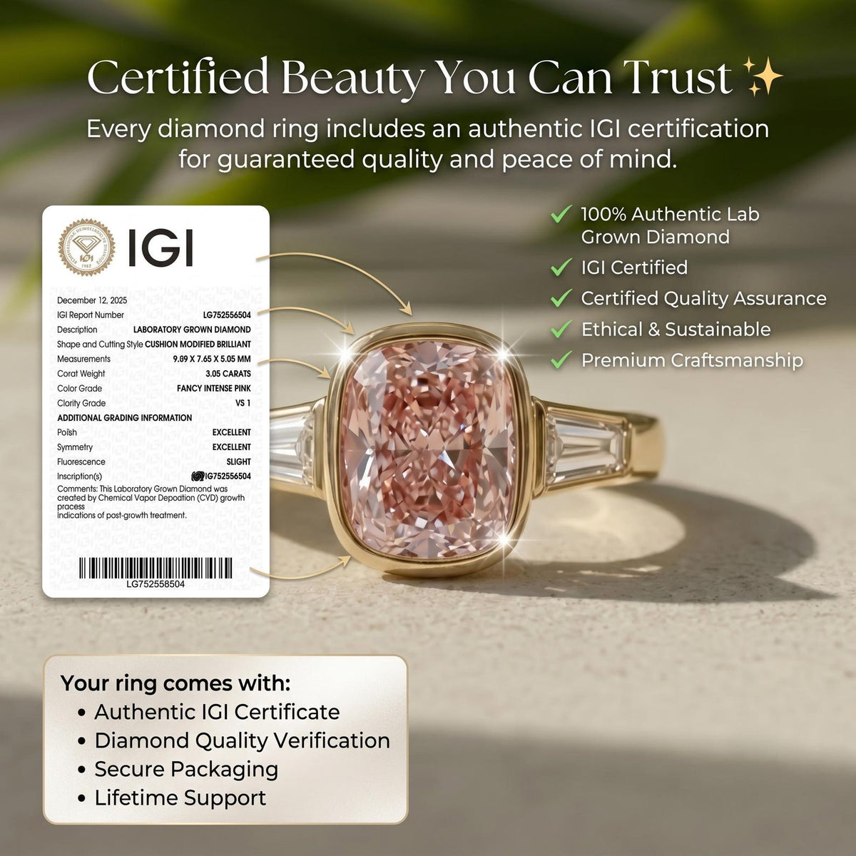 Cushion Lab Grown Pink Diamond Engagement Ring, 14K Yellow Gold Baguette Ring