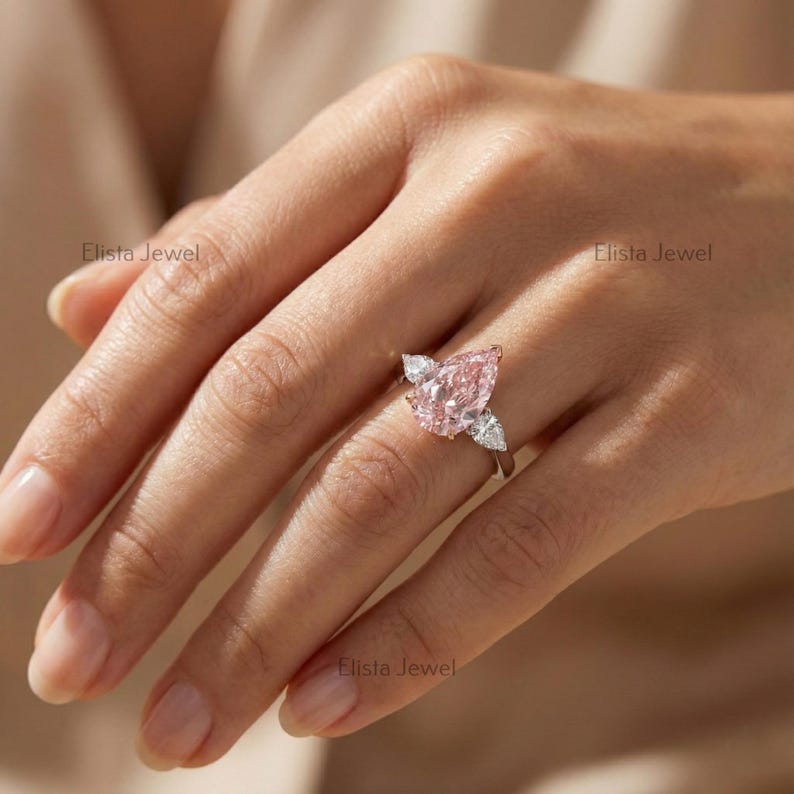 Pink Pear Lab Diamond Three Stone Ring, Two-Tone Engagement