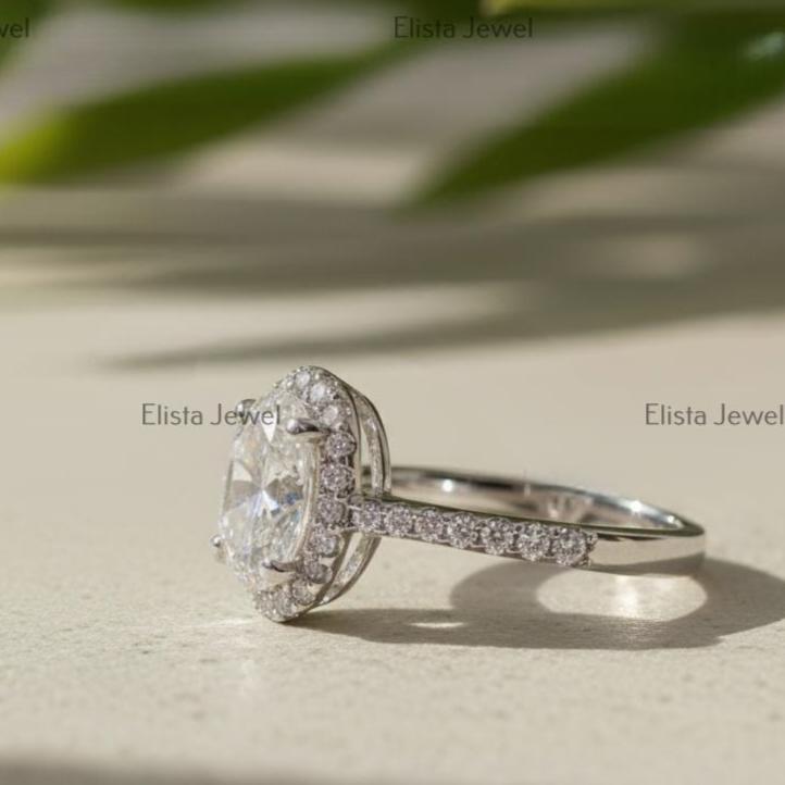 Oval Lab-Grown Diamond Halo Engagement Ring in 14K Solid White Gold