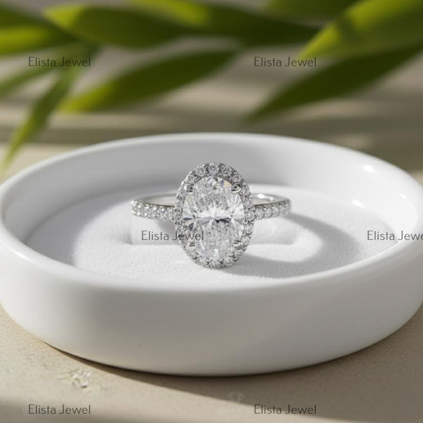 Oval Lab-Grown Diamond Halo Engagement Ring in 14K Solid White Gold