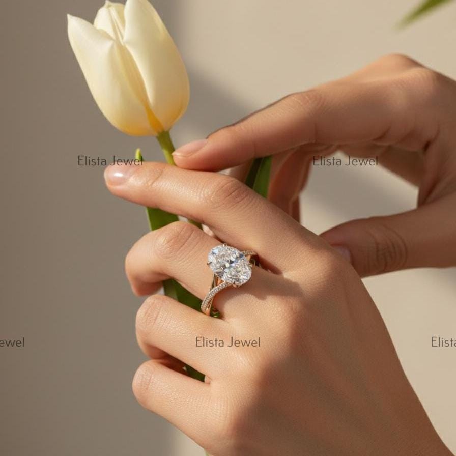 Oval Lab Grown Diamond Engagement Ring, 14K Yellow Gold Pavé Split Shank