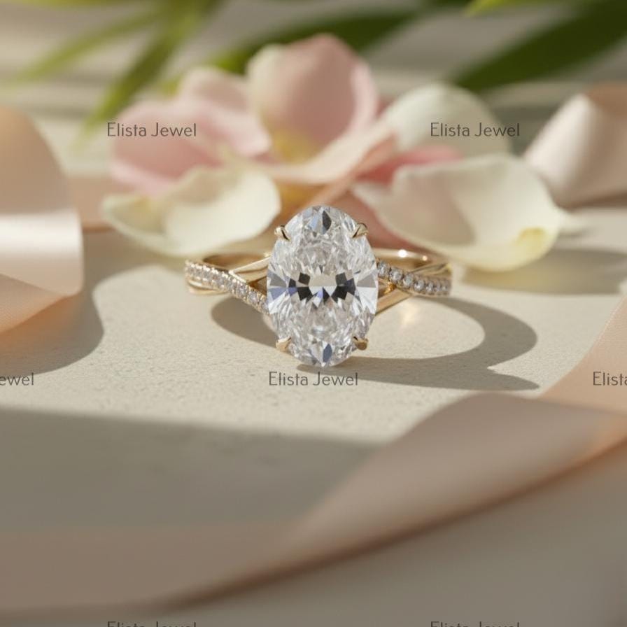 Oval Lab Grown Diamond Engagement Ring, 14K Yellow Gold Pavé Split Shank