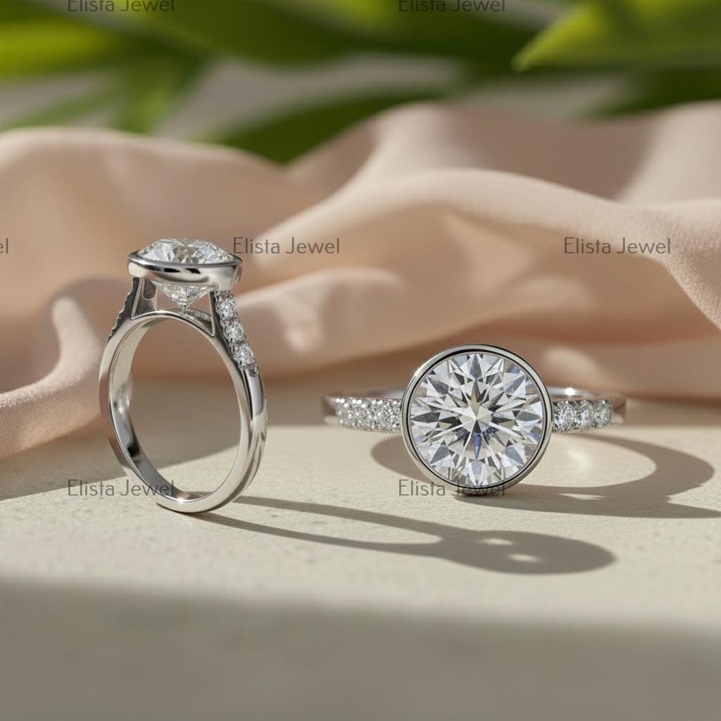 Round Lab-Grown Diamond Engagement Ring, 14K White Gold Pave Band