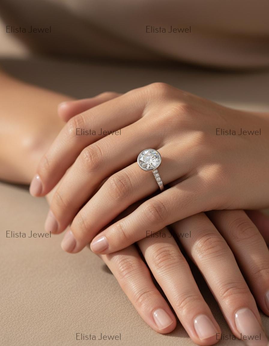 Round Lab-Grown Diamond Engagement Ring, 14K White Gold Pave Band