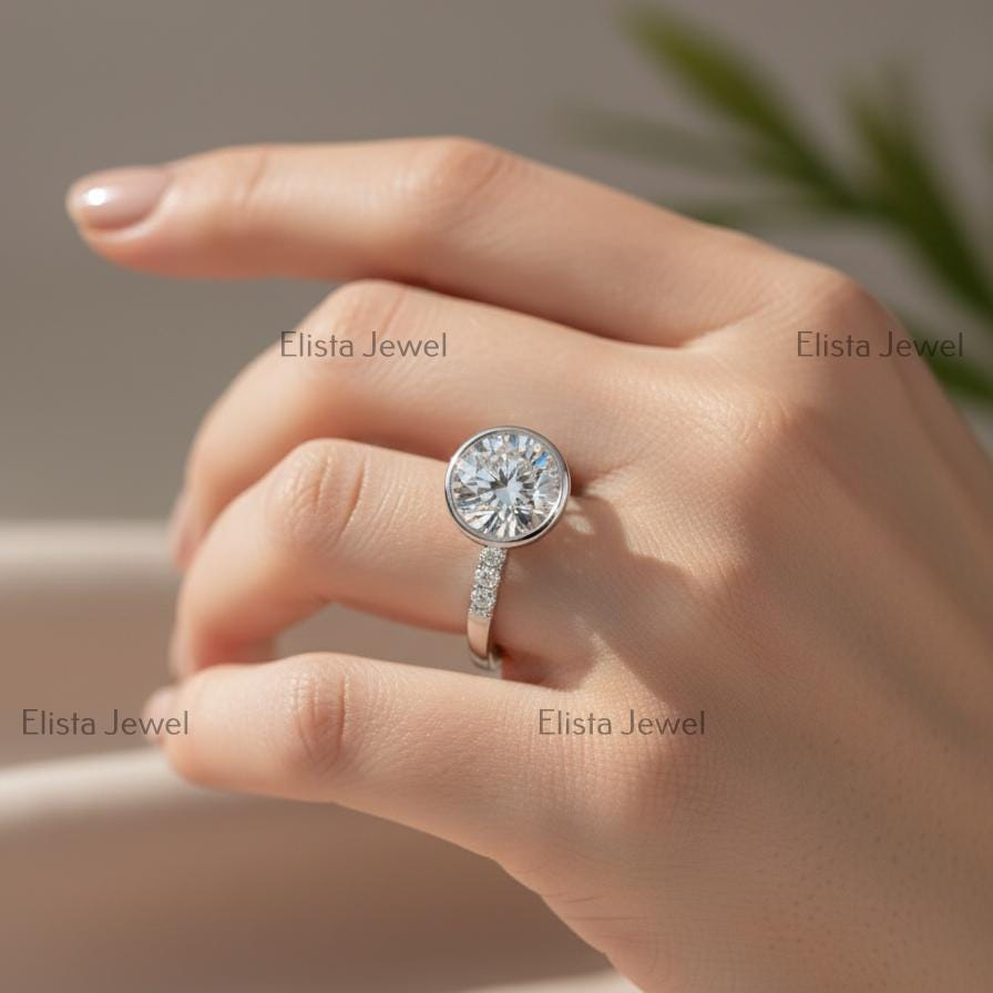 Round Lab-Grown Diamond Engagement Ring, 14K White Gold Pave Band