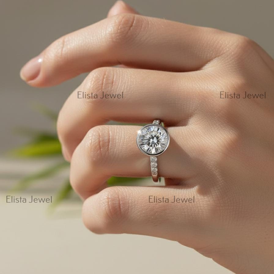 Round Lab-Grown Diamond Engagement Ring, 14K White Gold Pave Band