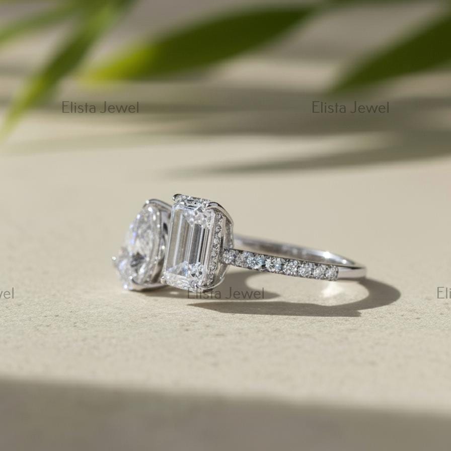 Toi Et Moi Lab Grown Diamond Ring, Pear Emerald Cut, 14K Gold