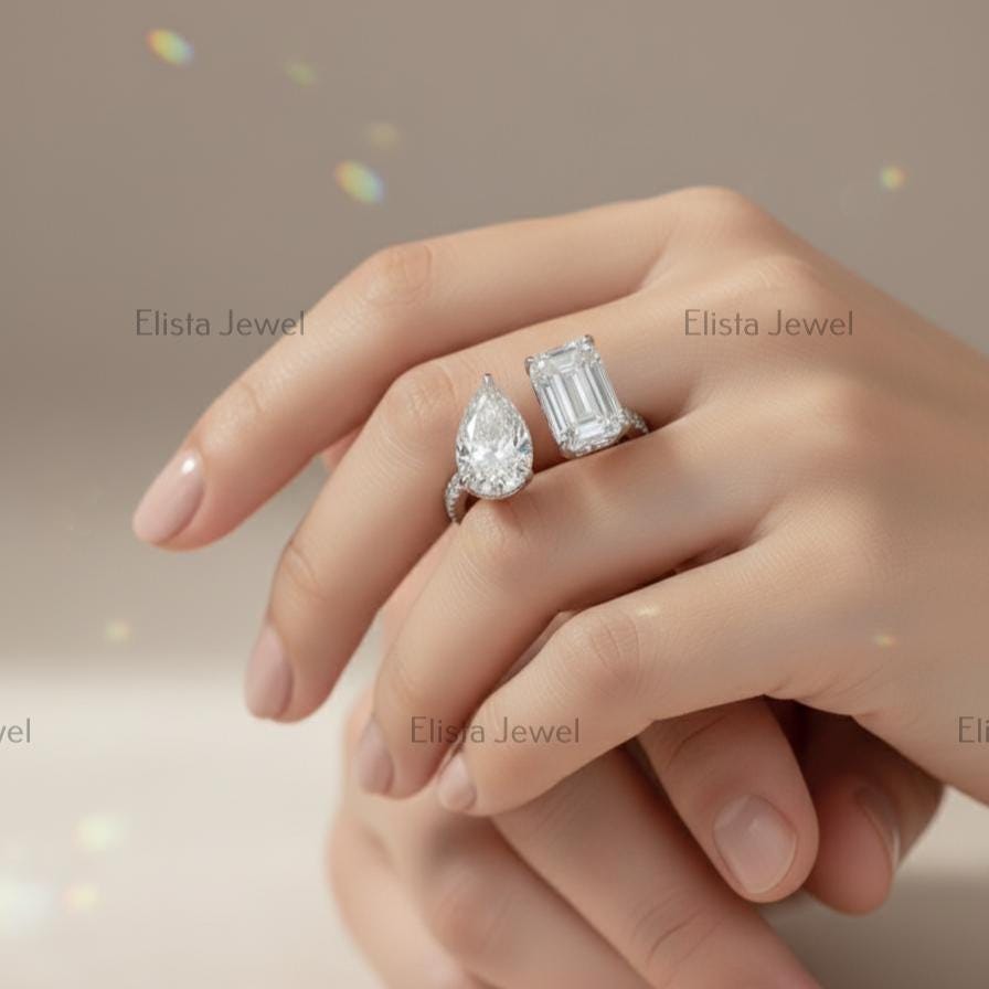 Toi Et Moi Lab Grown Diamond Ring, Pear Emerald Cut, 14K Gold