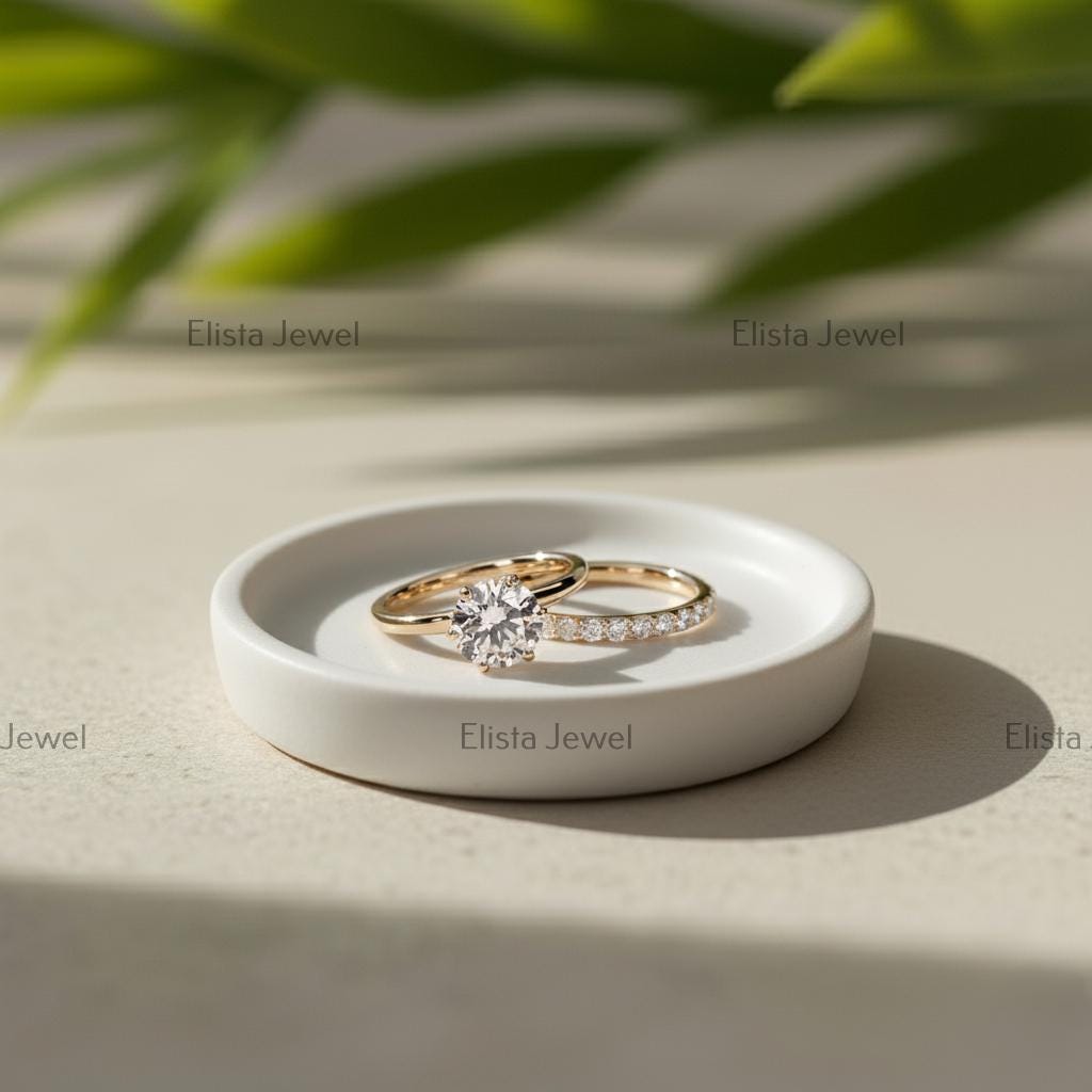 Round Cut Lab-Grown Diamond Engagement Ring Set, 14K Yellow Gold Pavé Band