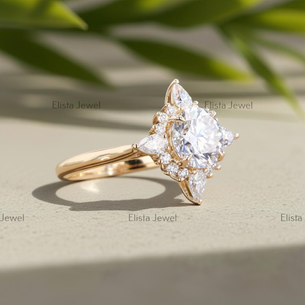 Lab-Grown Diamond Halo Engagement Ring, 14K Yellow Gold Floral Ring