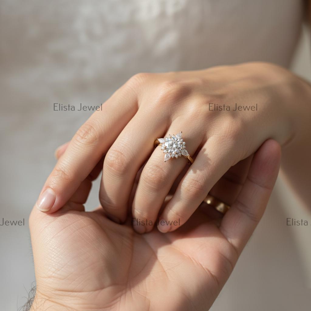 Lab-Grown Diamond Halo Engagement Ring, 14K Yellow Gold Floral Ring