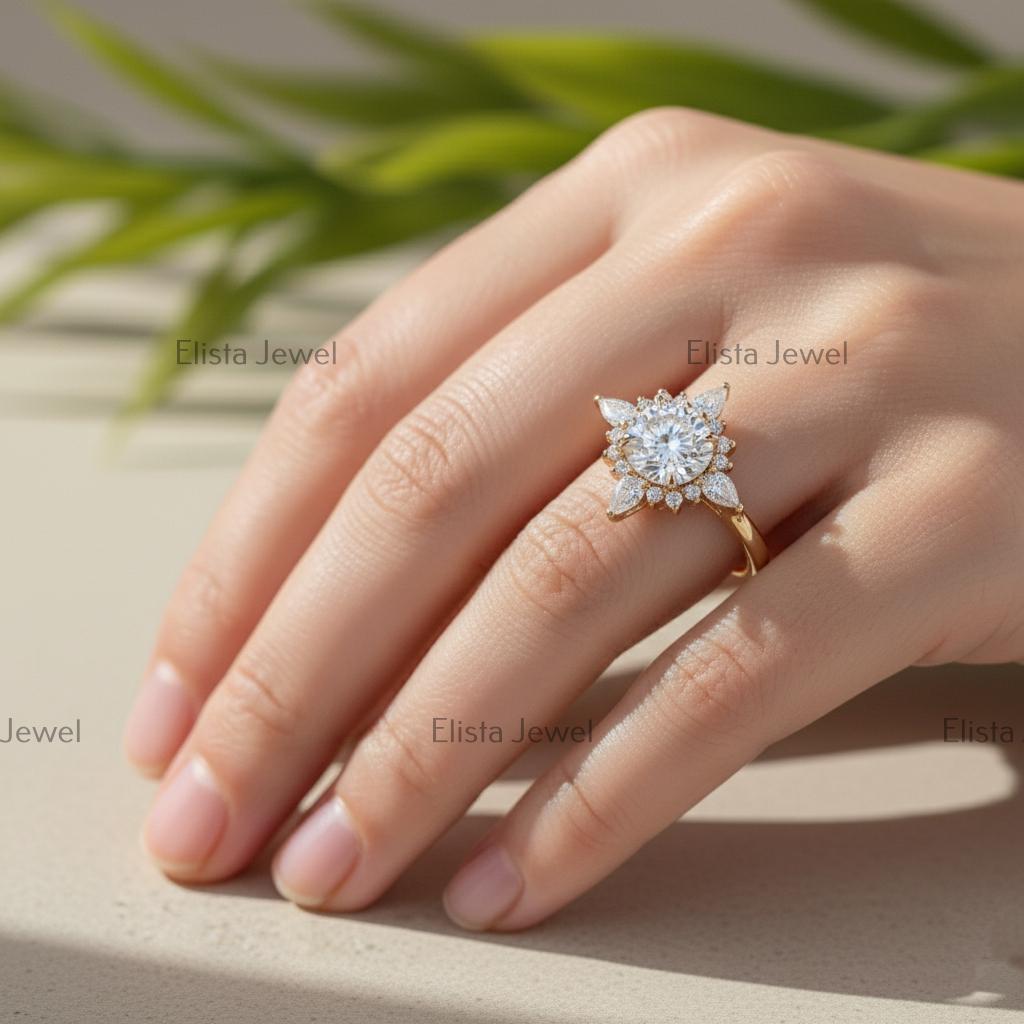 Lab-Grown Diamond Halo Engagement Ring, 14K Yellow Gold Floral Ring