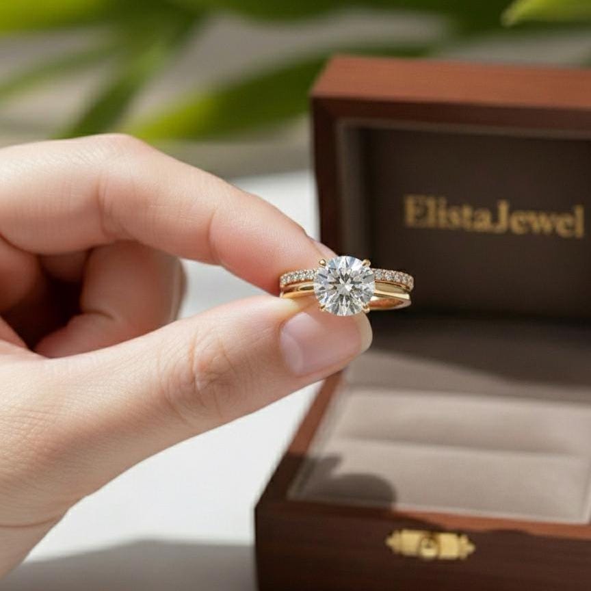 Round Cut Lab-Grown Diamond Engagement Ring Set, 14K Yellow Gold Pavé Band