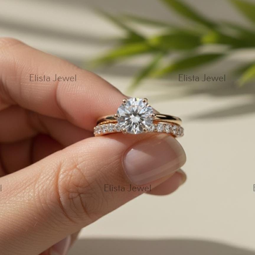 Round Cut Lab-Grown Diamond Engagement Ring Set, 14K Yellow Gold Pavé Band