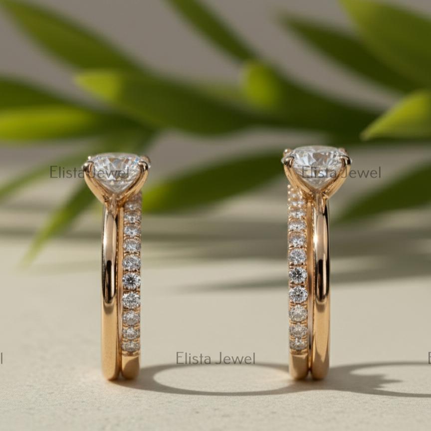 Round Cut Lab-Grown Diamond Engagement Ring Set, 14K Yellow Gold Pavé Band