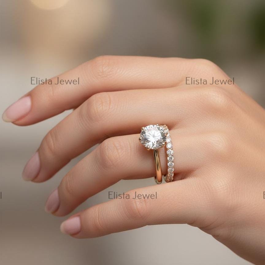 Round Cut Lab-Grown Diamond Engagement Ring Set, 14K Yellow Gold Pavé Band