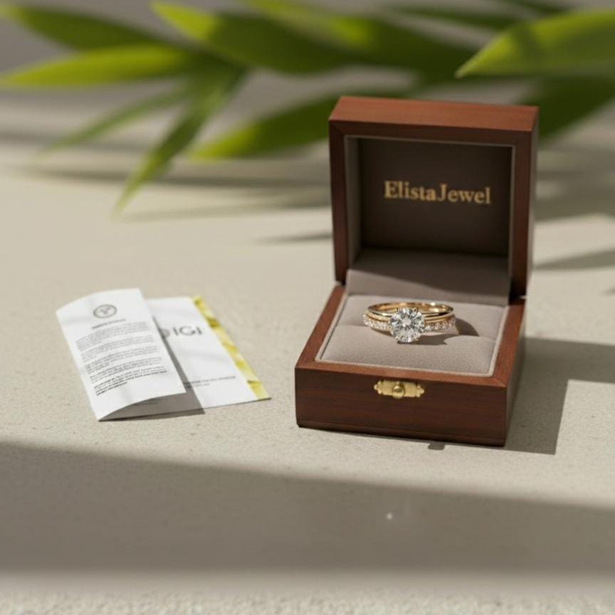Round Cut Lab-Grown Diamond Engagement Ring Set, 14K Yellow Gold Pavé Band