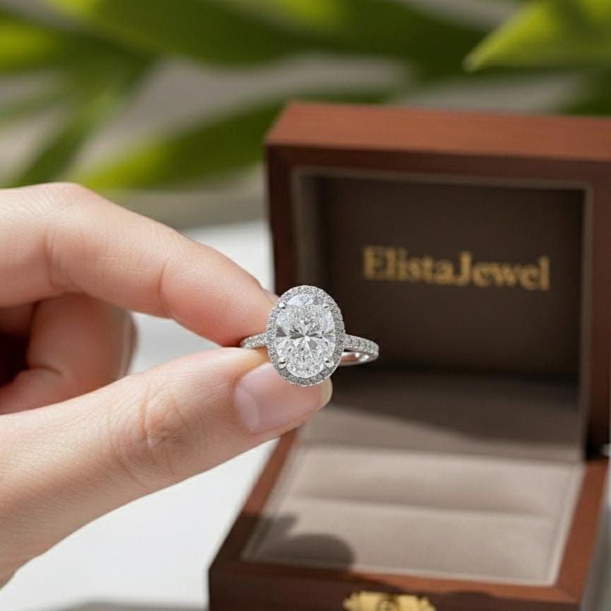Oval Lab-Grown Diamond Halo Engagement Ring in 14K Solid White Gold