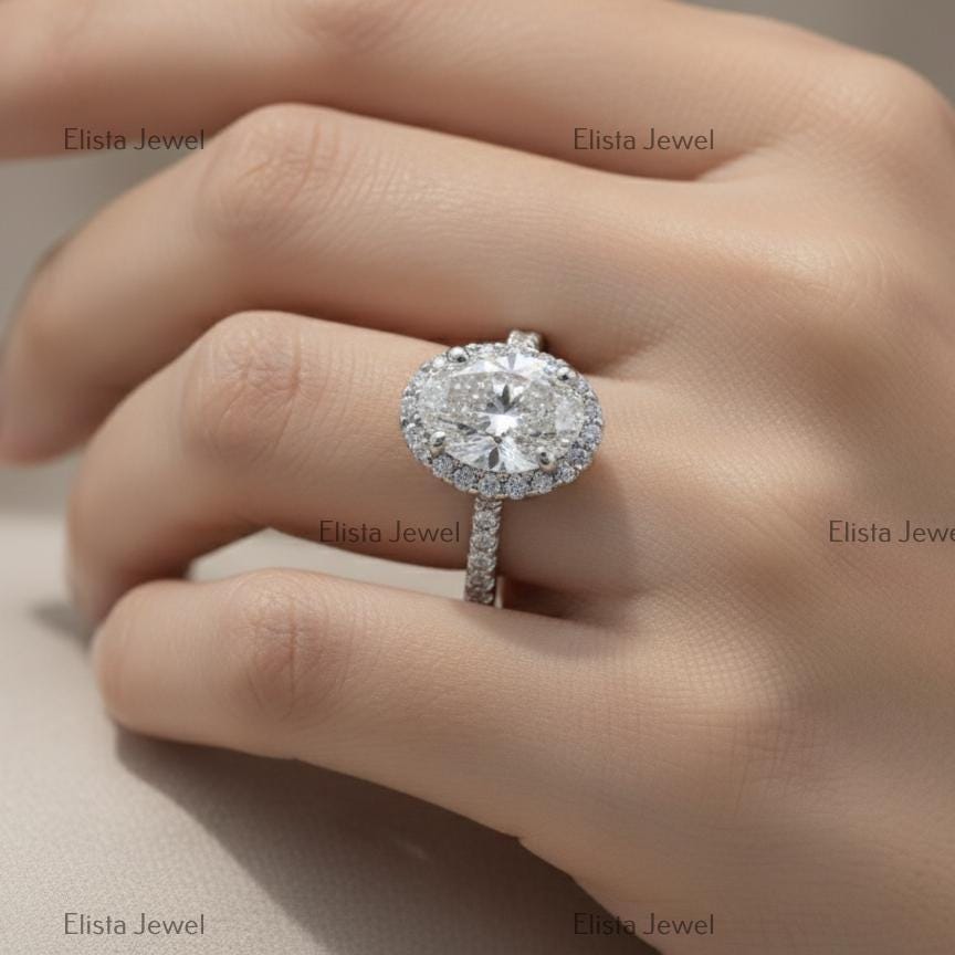 Oval Lab-Grown Diamond Halo Engagement Ring in 14K Solid White Gold