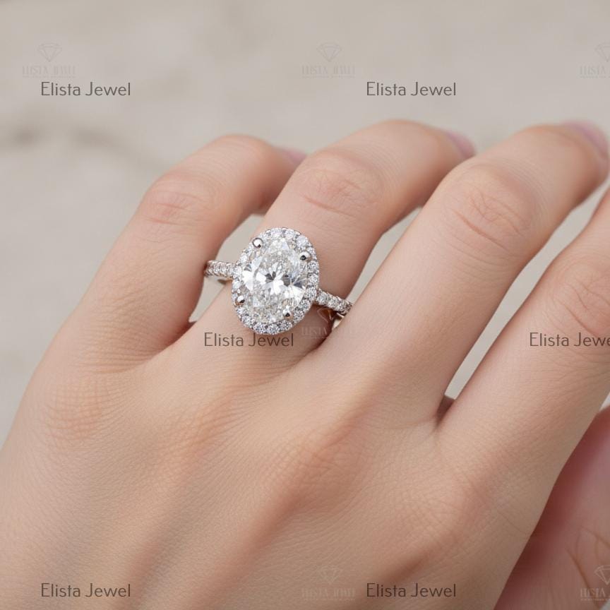 Oval Lab-Grown Diamond Halo Engagement Ring in 14K Solid White Gold