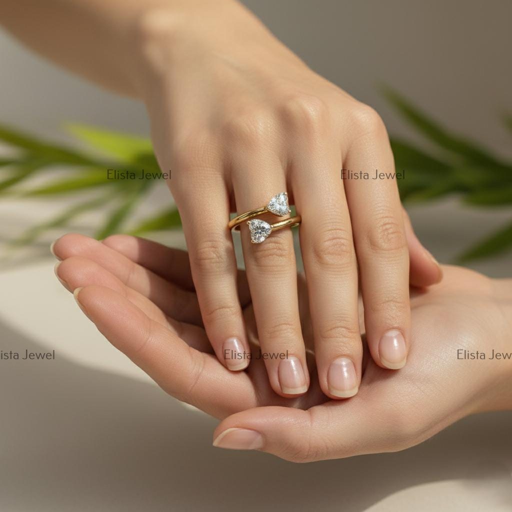 Heart Lab-Grown Diamond Toi et Moi Ring, 14K Yellow Gold Bypass Ring