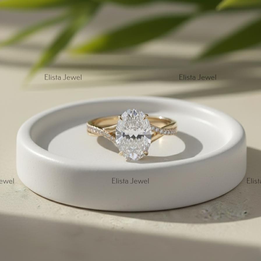 Oval Lab Grown Diamond Engagement Ring, 14K Yellow Gold Pavé Split Shank