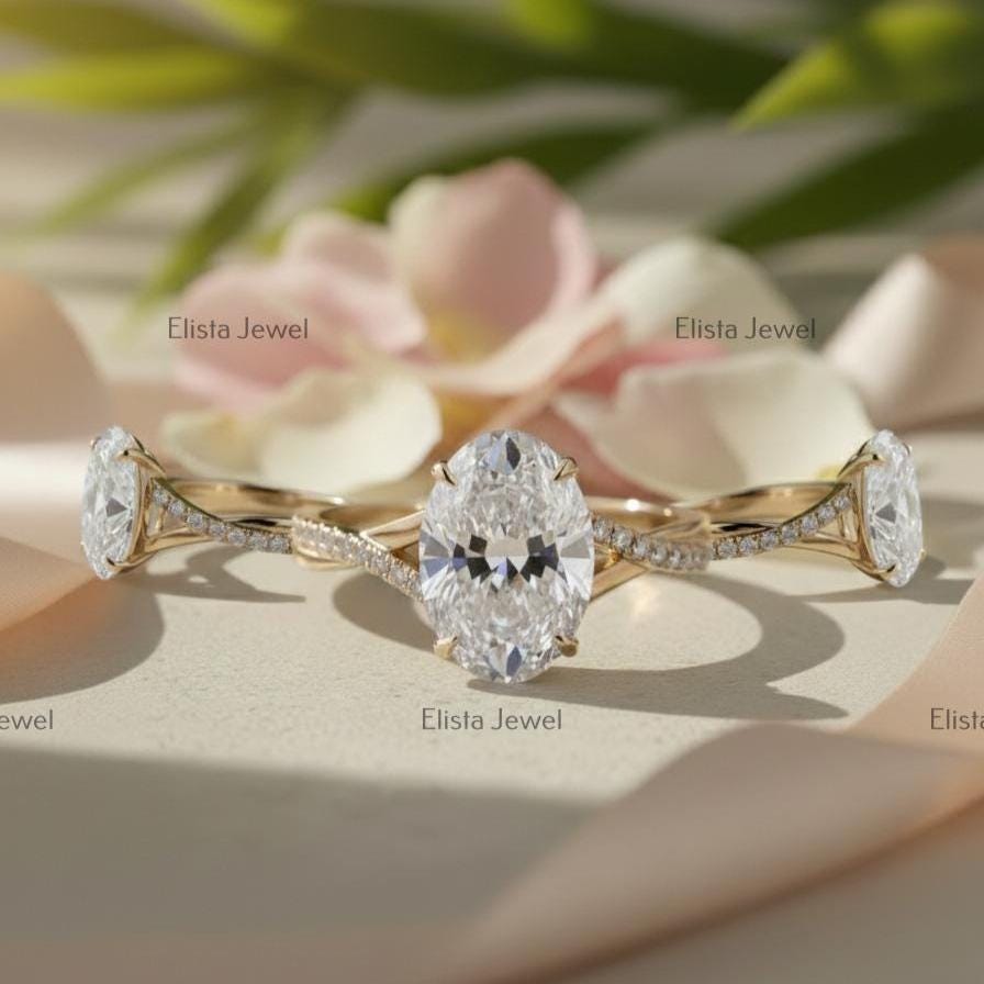 Oval Lab Grown Diamond Engagement Ring, 14K Yellow Gold Pavé Split Shank