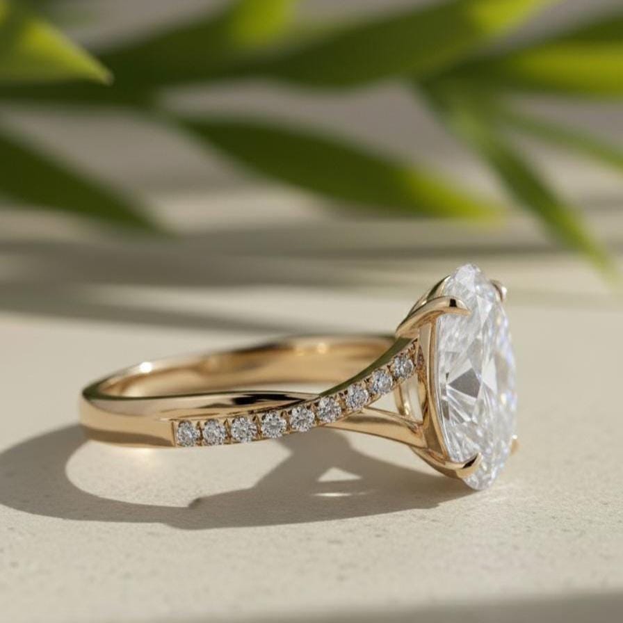 Oval Lab Grown Diamond Engagement Ring, 14K Yellow Gold Pavé Split Shank