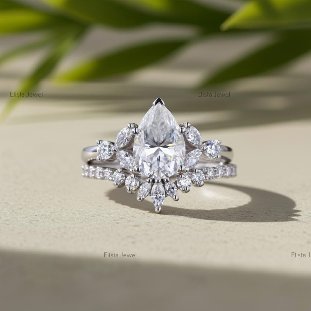 Pear Cut Lab-Grown Diamond Bridal Set, 14K White Gold, Chevron Halo