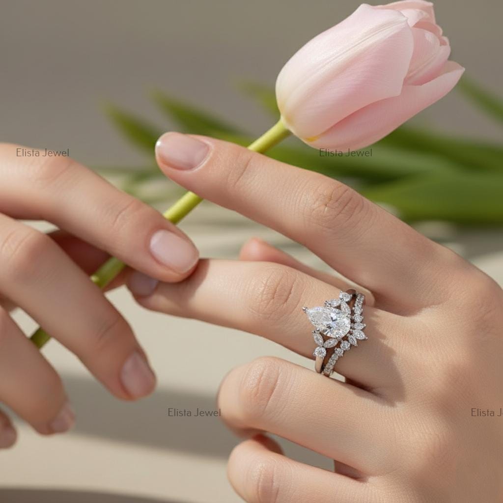 Pear Cut Lab-Grown Diamond Bridal Set, 14K White Gold, Chevron Halo