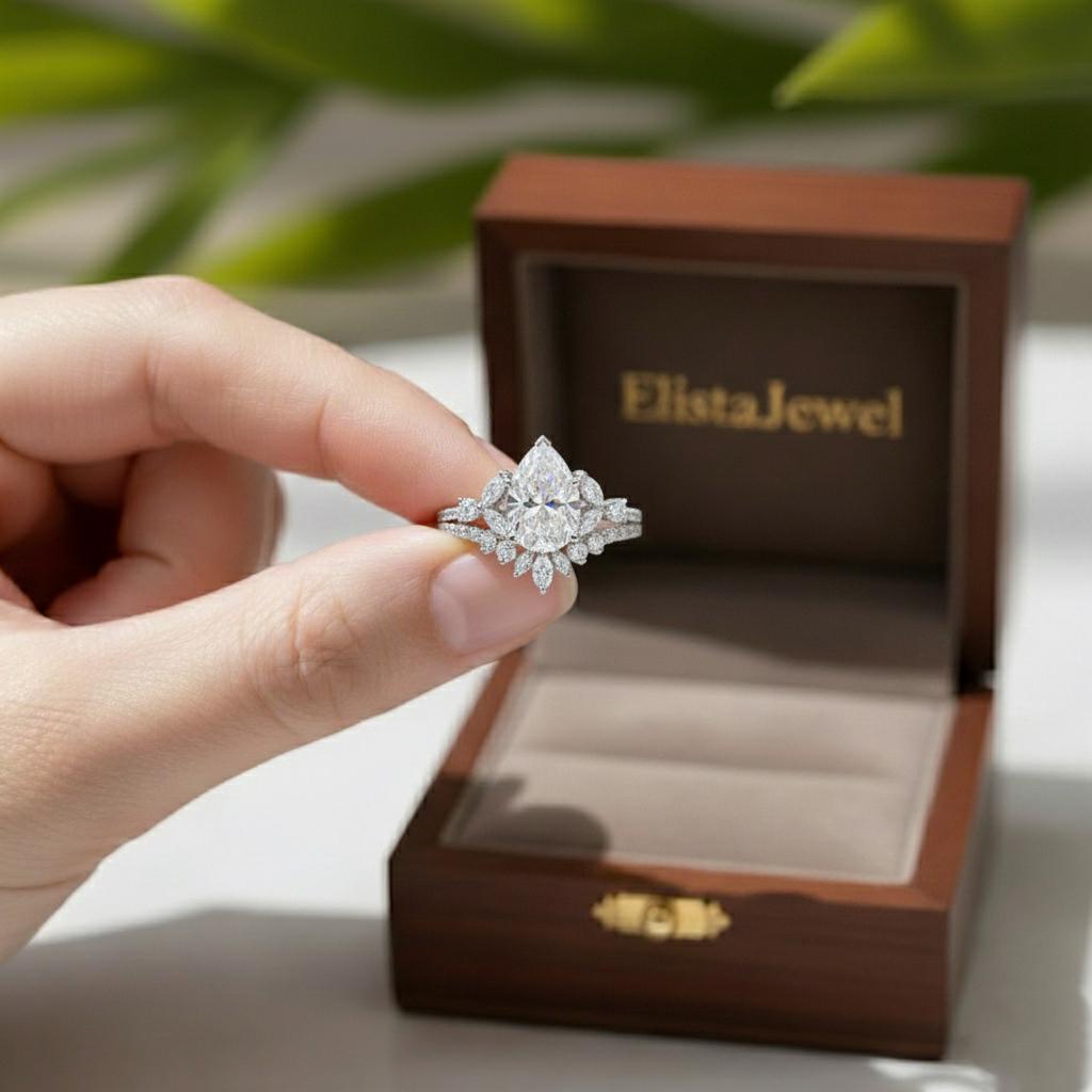 Pear Cut Lab-Grown Diamond Bridal Set, 14K White Gold, Chevron Halo