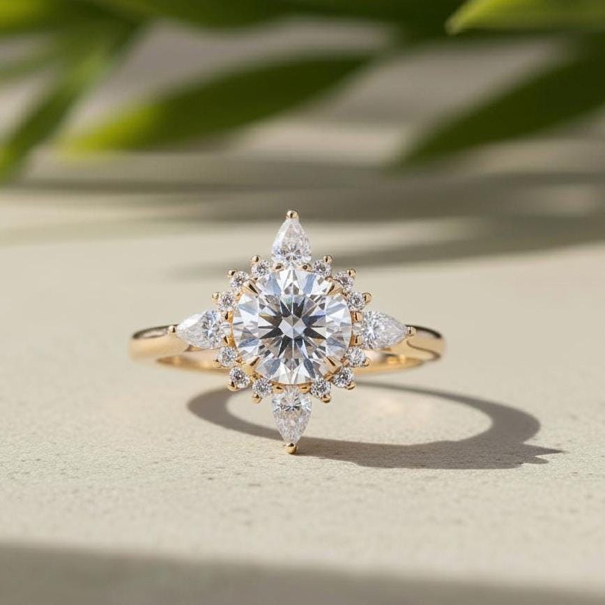 Lab-Grown Diamond Halo Engagement Ring, 14K Yellow Gold Floral Ring