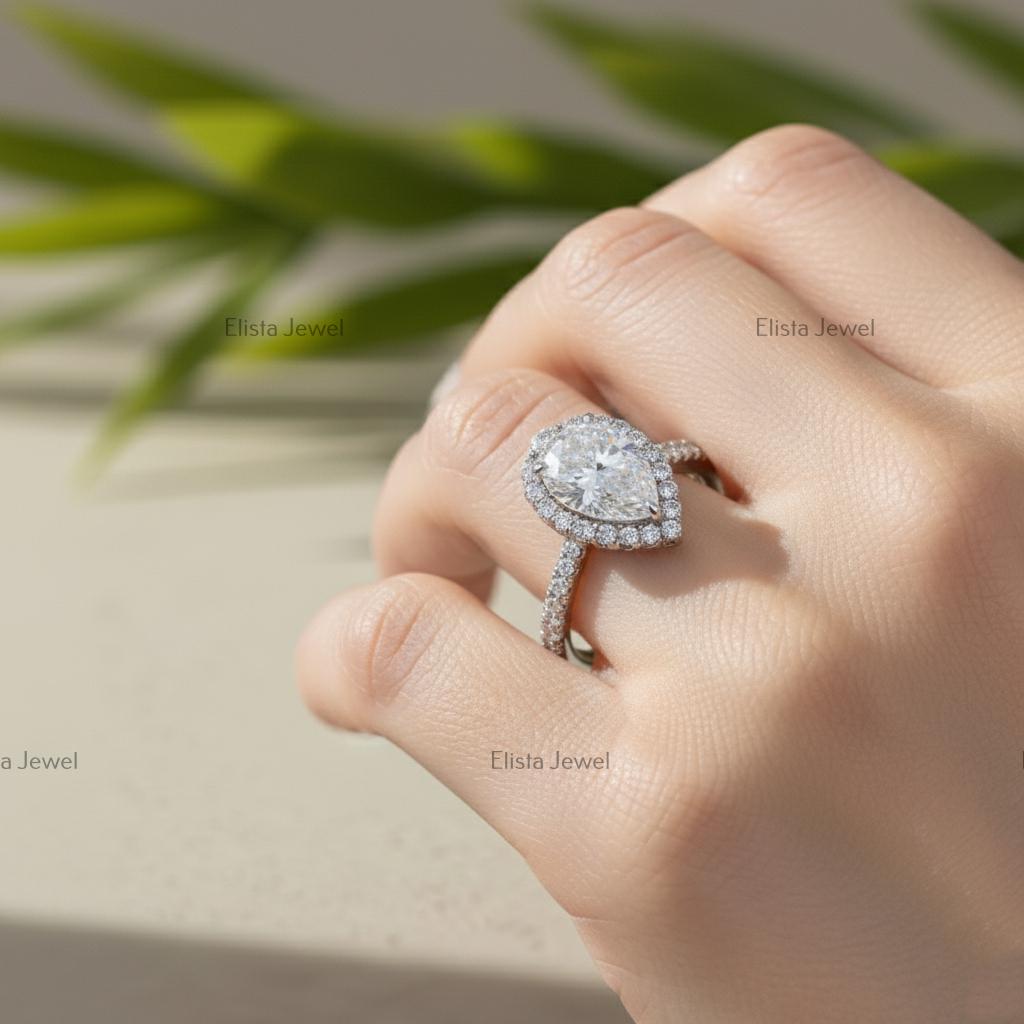 Pear Cut Lab-Grown Diamond Engagement Ring, 14K White Gold Halo Ring For Women