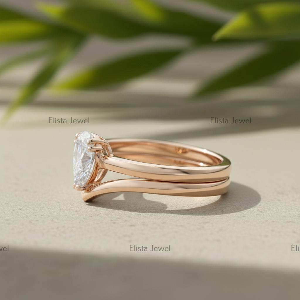 Pear Shaped Lab-Grown Diamond Bridal Ring Set, 14K Rose Gold Matching Chevron Band