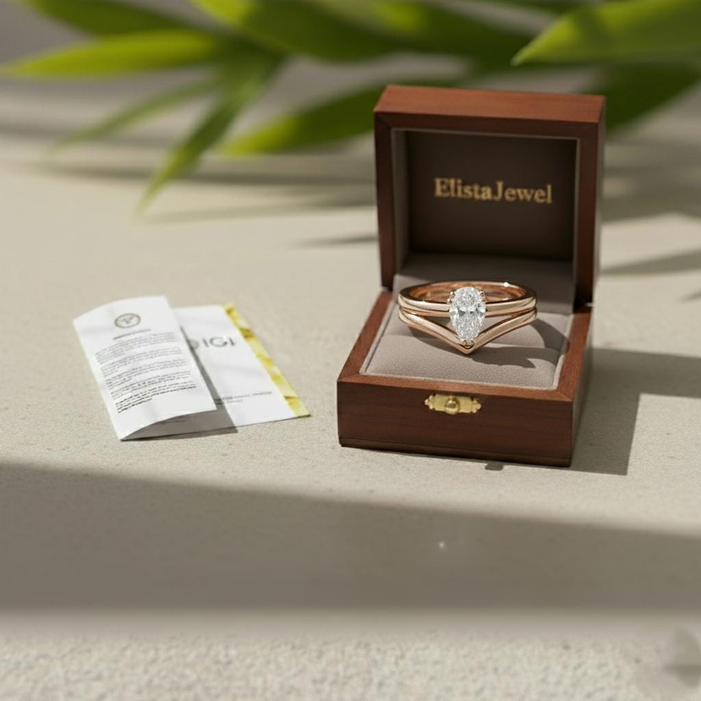 Pear Shaped Lab-Grown Diamond Bridal Ring Set, 14K Rose Gold Matching Chevron Band