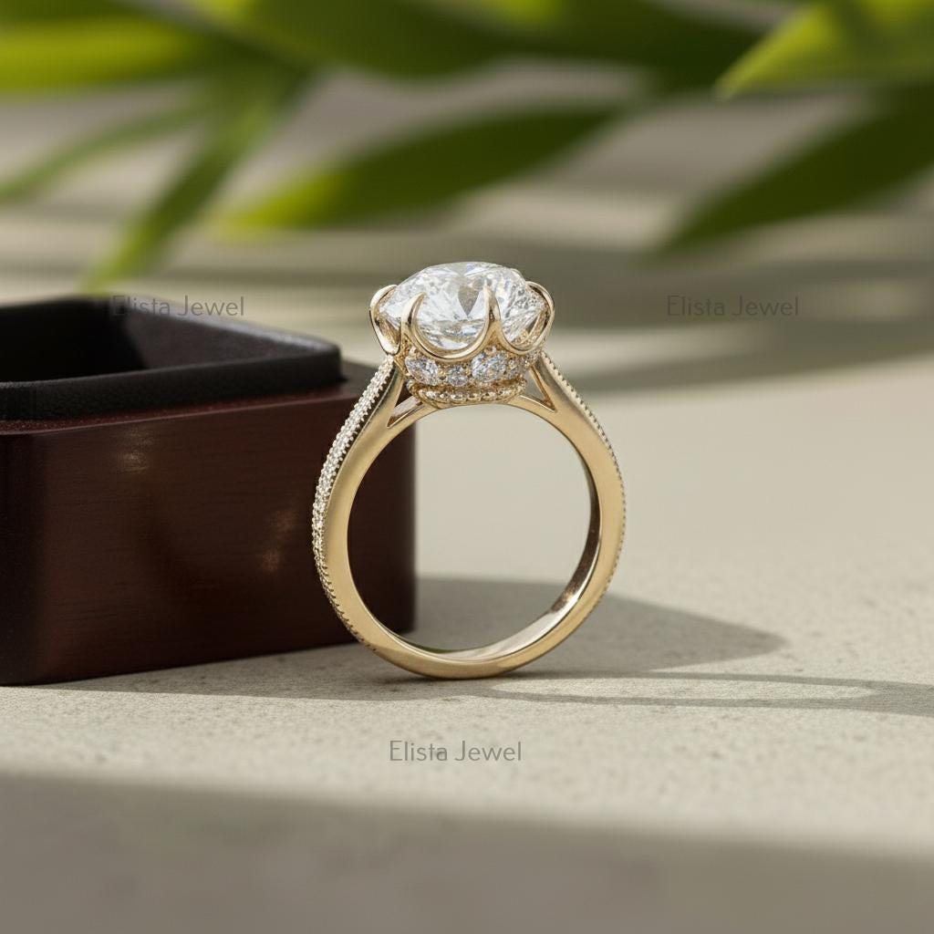 Round Lab-Grown Diamond Engagement Ring, 18K Yellow Gold, Pavé Milgrain