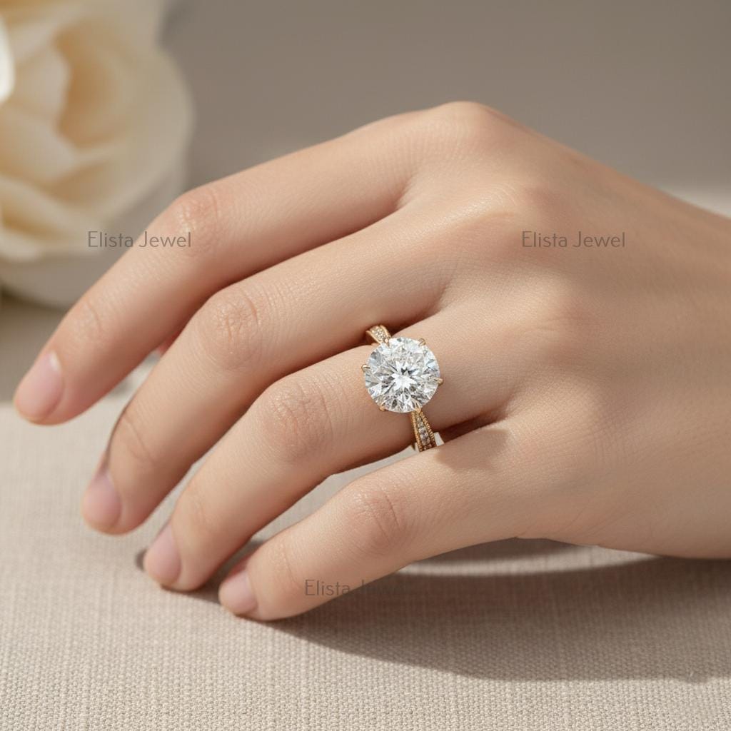 Round Lab-Grown Diamond Engagement Ring, 18K Yellow Gold, Pavé Milgrain