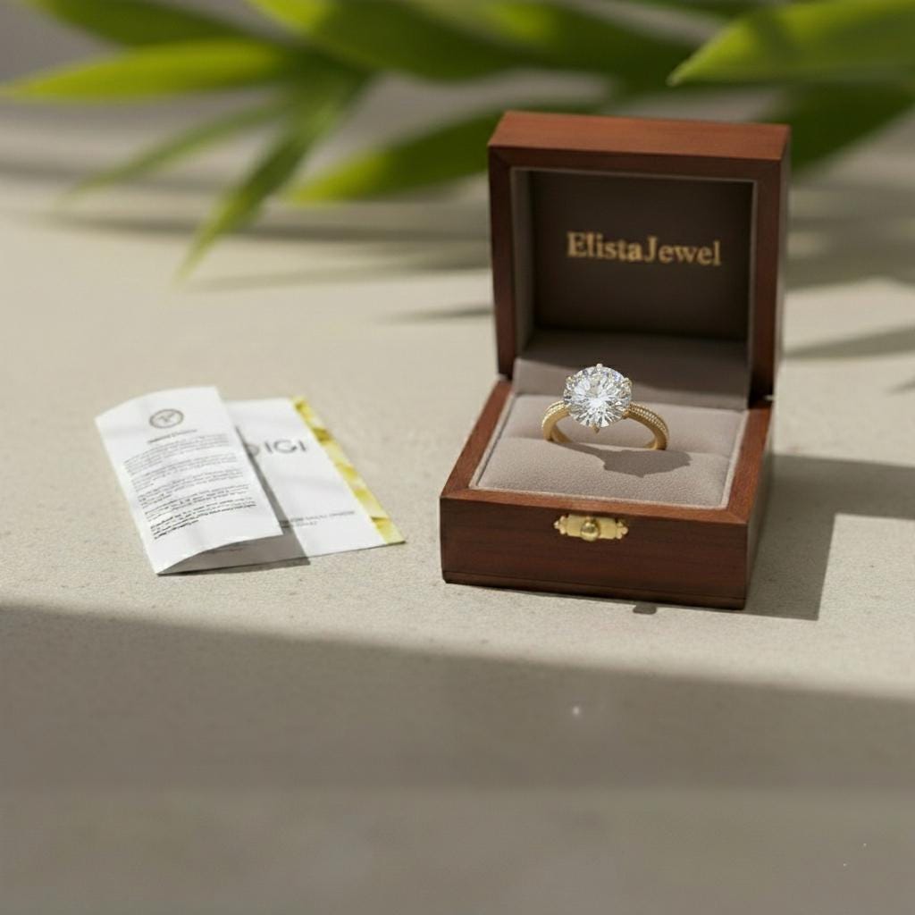 Round Lab-Grown Diamond Engagement Ring, 18K Yellow Gold, Pavé Milgrain