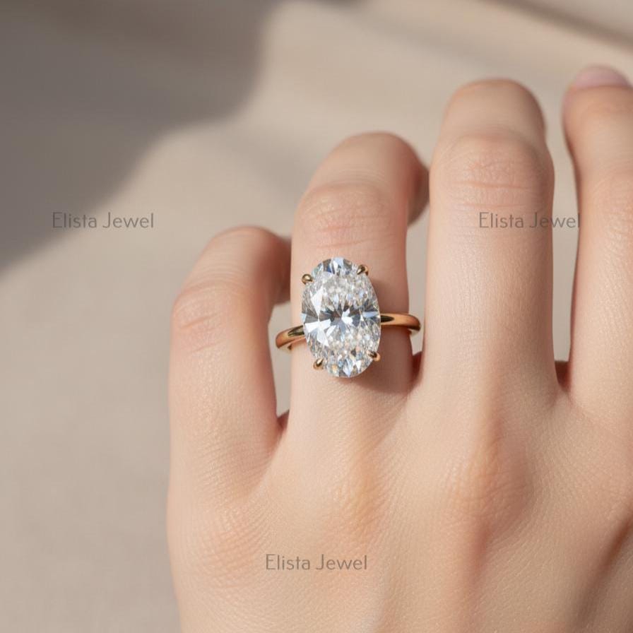 Oval Lab-grown Diamond Solitaire Ring, 14K Yellow Gold Hidden Halo Engagement Ring For Women