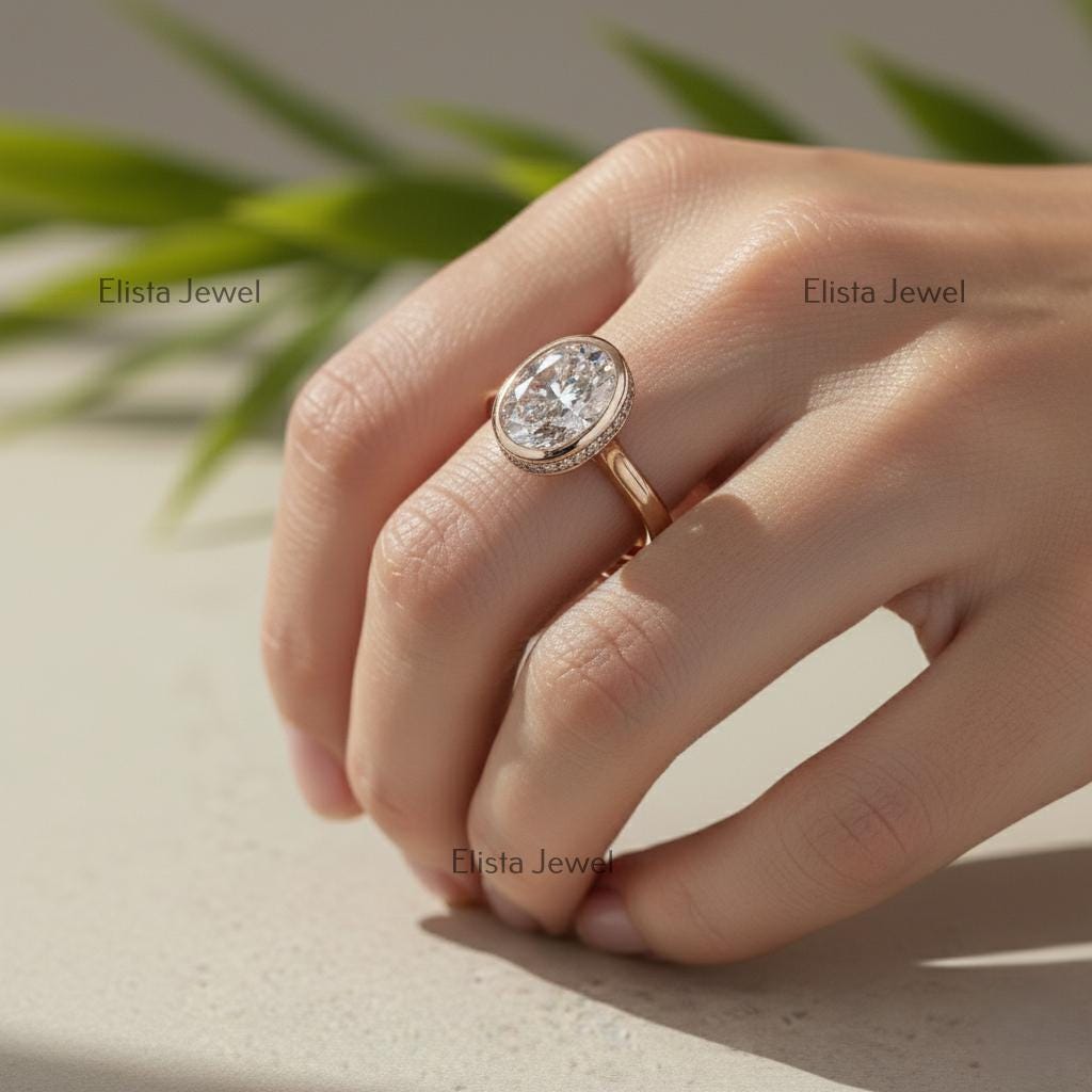 Oval Lab-Grown Diamond Rose Gold Engagement Ring, Pavé Halo Bezel Set
